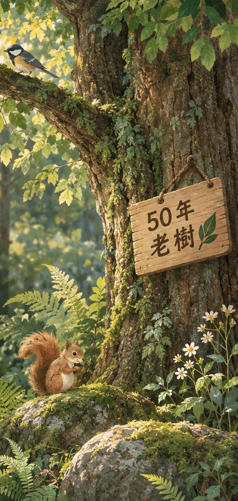 森林生態插畫：老樹與台灣藍鵲